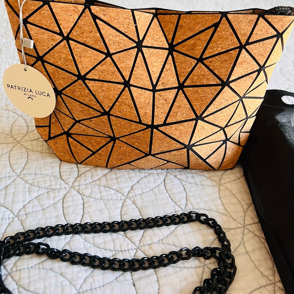 Patrizia Luca Cork Clutch with Black Geometric Design. Slanted triangle NWT - Picture 3 of 11